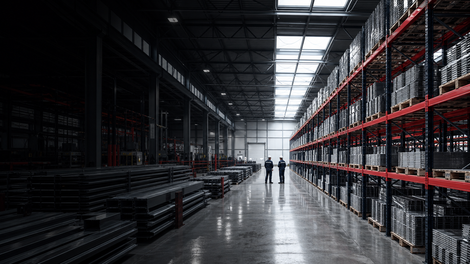 Premium warehouse aisle with steel storage racks