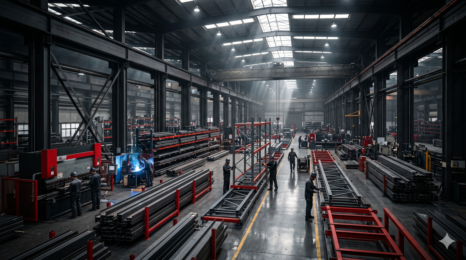 Steel rack manufacturing floor with organized inventory