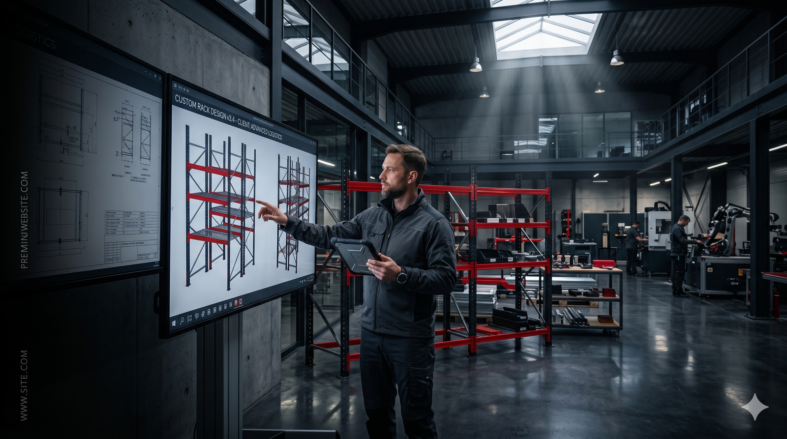 Industrial steel rack warehouse with red and black racking