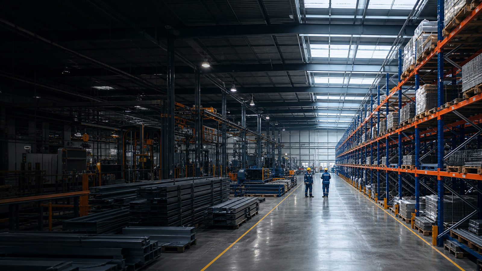 Modern steel rack manufacturing facility with industrial pallet racking