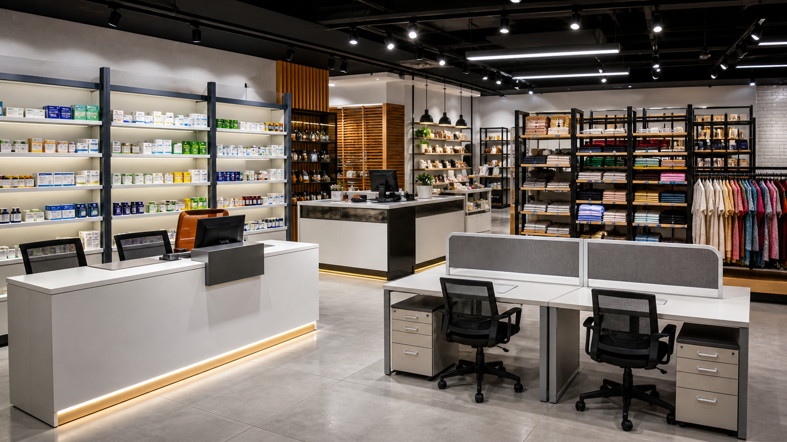 Counters, work stations and cloth display rack showroom